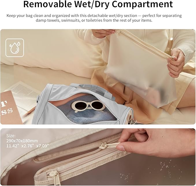Foldable Travel Duffel Bag for Women with Shoes Compartment, 3 in 1 Carry on Gym Bag with Removable Dry Wet Bag, Lightweight&Water Resistant Duffel Bag for Travel,Sports&Workout, Elegant Gray