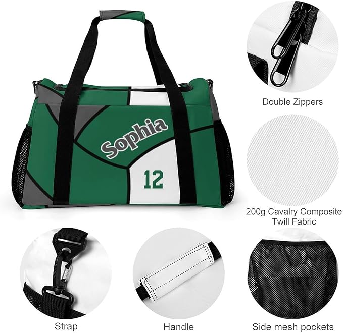 Custom Volleyball Green Duffel Bag with Name Personalized Travel Bags Sport Gym Bag Carry On Weekender Bags for Men Women
