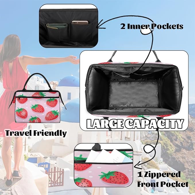 Travel Duffel Bag, Cute Strawberry Pattern Waterproof Sports Gym Duffle Bag, Large Capacity Weekender Carry On Overnight Bags for Women Men