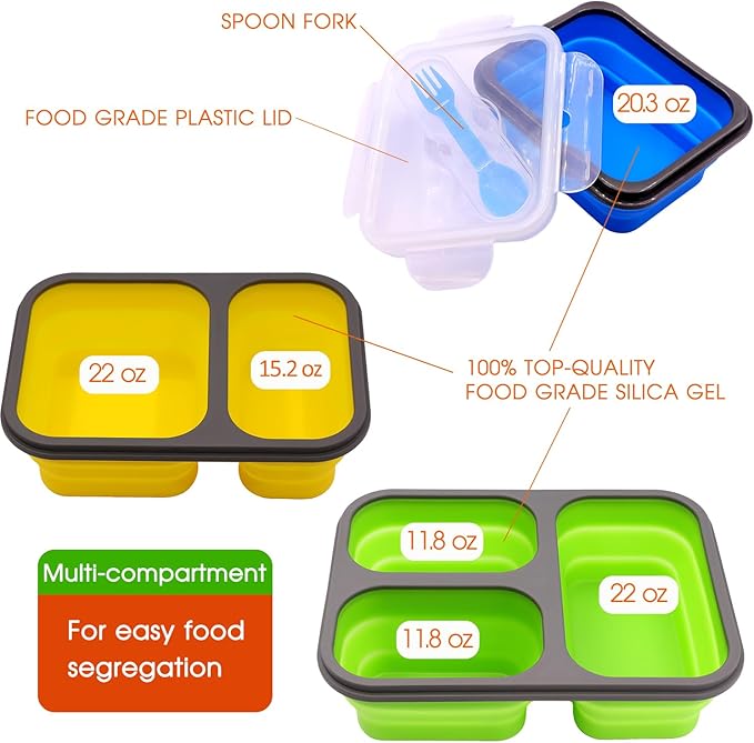 Set of 3 Collapsible Silicone Bento Lunch Boxes With Lids Spoon Fork, Divided Compartments Food Storage Containers, Safe in Microwave, Dishwasher and Freezer, BPA Free (Assorted 3PCS)