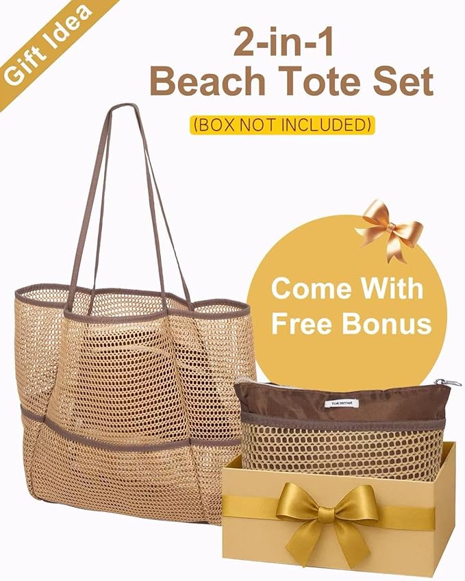 Mesh Beach Tote Bag Packable,2026 New 2-in-1 Large Lightweight Foldable Beach Bags with Multiple Pockets for Women