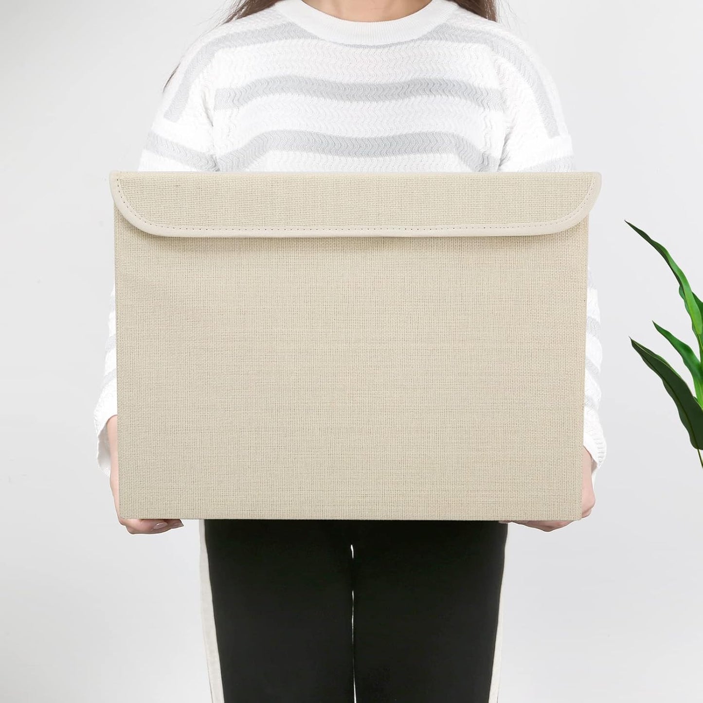 Large 42 Quarts Collapsible Stackable Storage Bins Cube with Lids [3-Pack] Foldable Fabric Linen Storage Boxes, Closet Organizer Baskets with Label for Home (16.7 x 12 x 12, Beige)