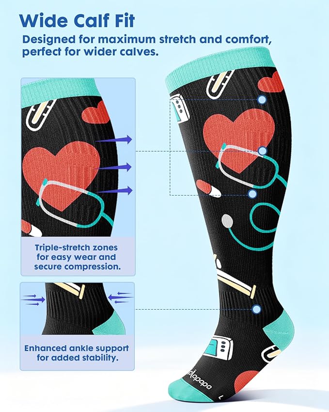 Wide Calf Compression Socks for Women - 3-Pair Plus Size 20-30mmHg Ankle Support Easy on off Socks for Travel Nurse