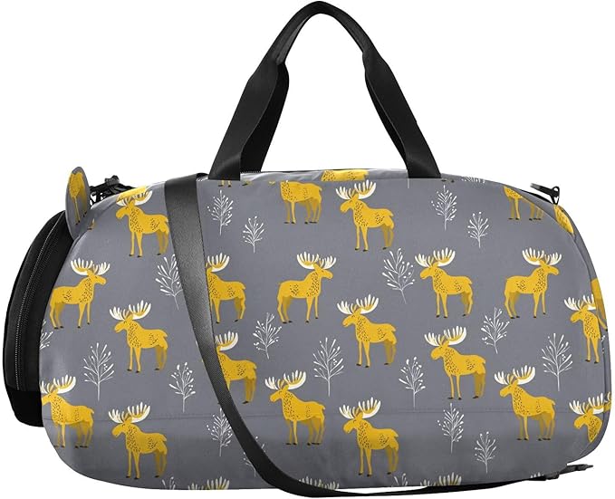 Wildlife Moose Yellow Gray Boy's Gym Duffel Bag with Shoes Compartment Large Capacity Weekend Travel Bag for Travel, Sports, Fitness & Workout bolso para gym mujer
