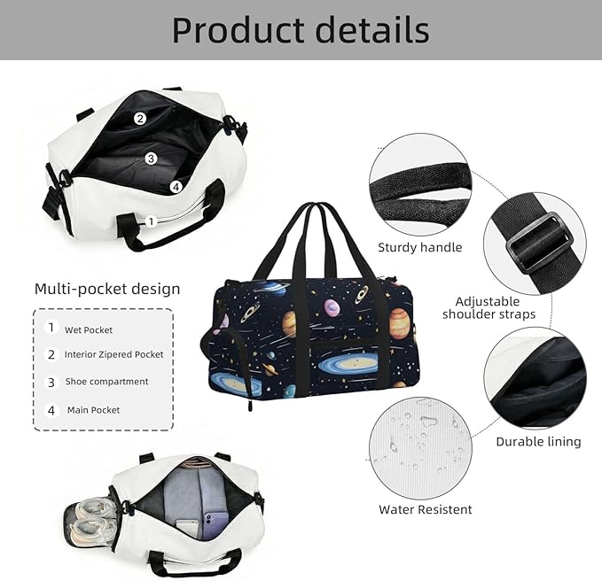 The Solar Family Print Gym Bag with Shoe Compartment for Women Men, 17.7in Sports Duffle Weekender Tote, Overnight Travel Duffel Bag Carry On