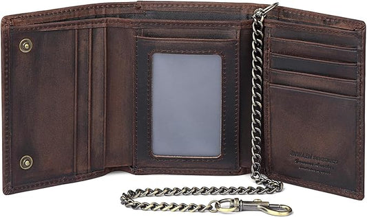 Trifold Chain Wallets for Men, Genuine Leather Wallet RFID Blocking Anti-Theft Chain for Biker, Motorcycle