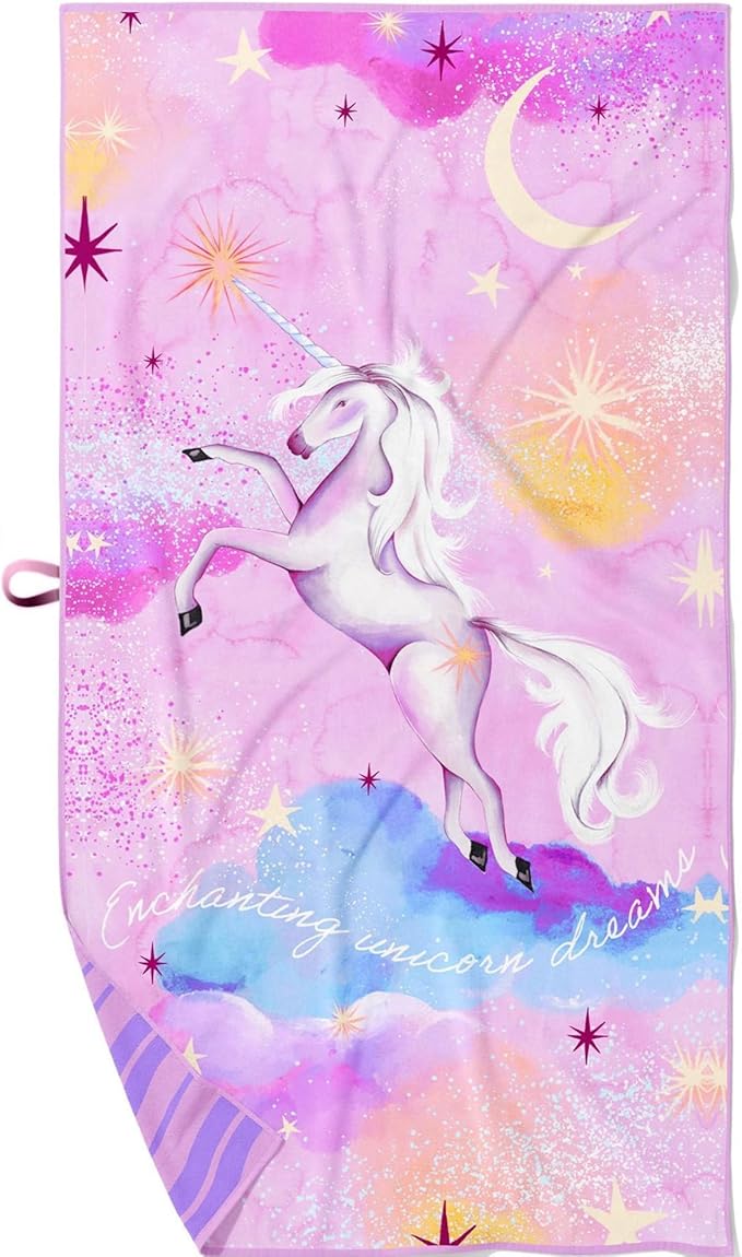 Kids Beach Towel – Quick-Dry Microfiber Pool Towel, Thin, Sand-Free, Perfect for Camping, Travel, Summer Camp, Cruise Essentials – Unicorn, Purple, 30" x 60"