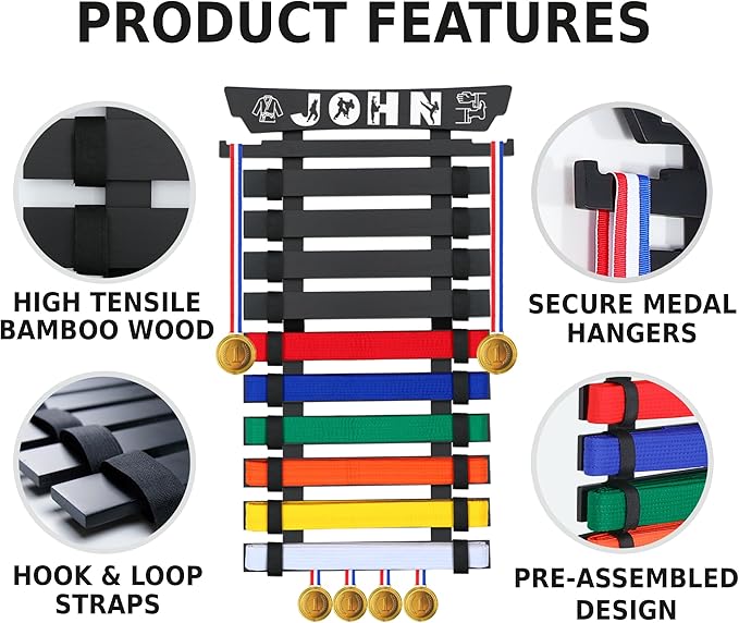 10/12 Belts Karate Belt Display Rack, Pure Bamboo Wood, Themed Stickers, Medal Hangers - Taekwondo Belt Display, Jiu Jitsu, BJJ, Martial Arts