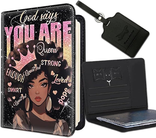 Passport Holder Women Wallet with Luggage Tag, Leather Passport Cover with RFID Blocking, Travel Accessories Multi Card Slot Passport Case for Men，African Girls Inspirational Quotes
