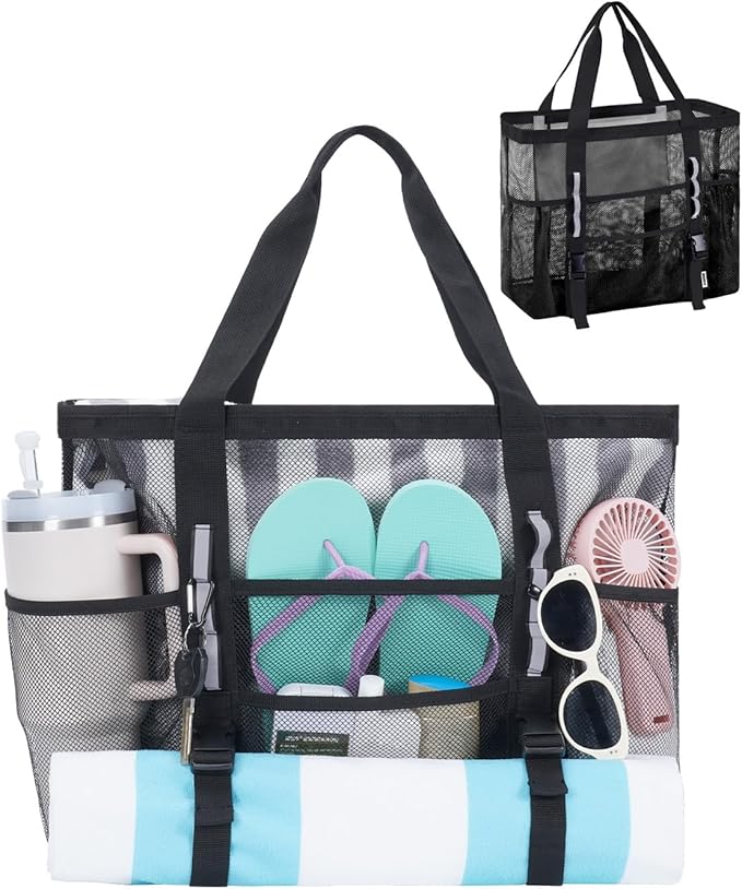 WANDF Mesh Beach Bag for Women, Large Beach Tote Bags with 40oz Tumbler Side Pockets, Family Pool Bag for Swim Toys Towels Cruise Vacation Essentials (Black) | Breathable