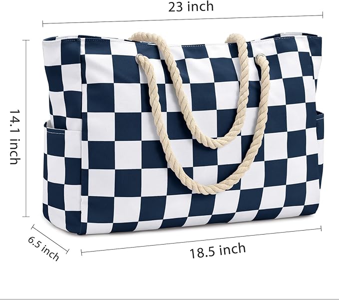 Becokan Beach Bags for Women Checkered Large Beach Tote Bag Zipper Beach Bags Waterproof Sandproof Canvas Swim Pool Bag
