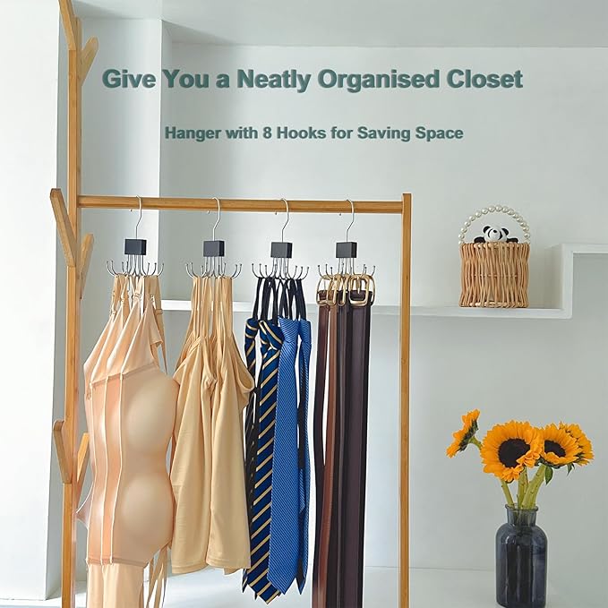 4 Pack Tank Top Hanger,Bra Hanger for Closet Organizer,Wooden Bra Storage Organizer with 8 Rotatable Metal Hooks for Space Saving,Foldable Bras Holder for Belts,Tank Tops,Ties(Black)