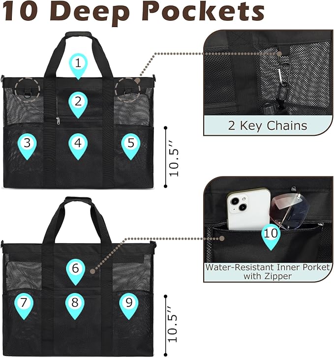 Mesh Beach Bag with Zipper, Large Beach Tote for Women, Toys Pool Swim Bag Travel Vacation Cruise Essentials