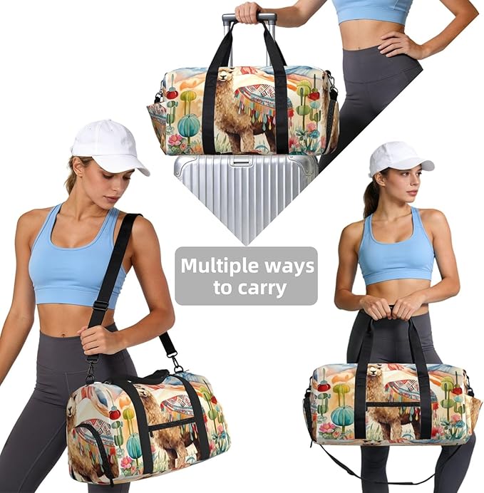Sports Gym Bag Watercolour Camel Cactus Alpaca Travel Duffel Bag With Shoe Compartment Shoulder Strap, Lightweight Water-Resistant Weekend Overnight Totes For Women Men
