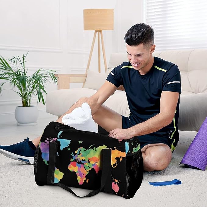 Colorful World Map Duffle Bag Gym Bag for Workout Travel Tote with Detachable Straps