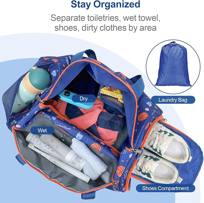 Bagseri Boys Duffle Bag for Travel - Kids Gym & Sports Bag with Shoe Compartment & Water Resistant Wet Pocket, Weekender for Camping & Sleepover (Blue Basketball)