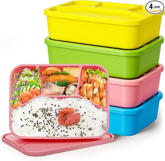 4 Pcs Silicone Bento Box Reusable Lunch Container Smooth Leak Proof Lunch Box Rectangle Bento Boxes for Adult Work Travel Food Meal Compartment Storage, 4 Colors (Bright Colors 2)