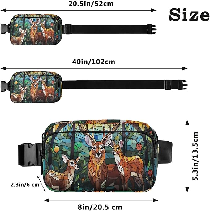 Stained Glass Printed Forest Dear Fanny Pack for Women Men Water Resistant Fashion Waist Packs with Adjustable Strap Belt Bag for Travel Workout Jogging Hiking 21219626