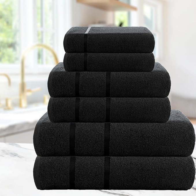 CASA COPENHAGEN Eternal 6Pcs 100% Egyptian Cotton Large Designer Towels Gift Set- Black, 500 GSM, 2Bath 2Hand 2Washcloths, Bath Towels for Bathroom Set for Women & Men