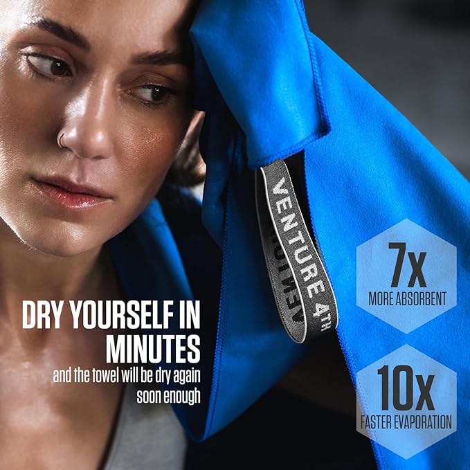VENTURE 4TH Quick Dry Towel. Microfiber Travel Towel Ideal for Camping, Hiking, Backpacking, Gym. Lightweight & Fast Drying Travel Towels for Body. Compact & Easy to Pack - Blue Large
