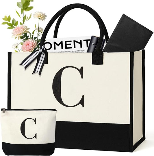 Personalized Canvas Tote Bag for Women Makeup Pouch Initial Beach Bag Removable Bottom Board for Travel Birthday