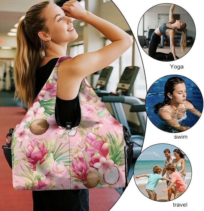Gym Bag Women with Shoe Compartment, Dragon Fruit Travel Tote Bag with Wet Dry Pocket, Double Zipper, Lightweight Sports Bag for Office Weekend Travel Shopping
