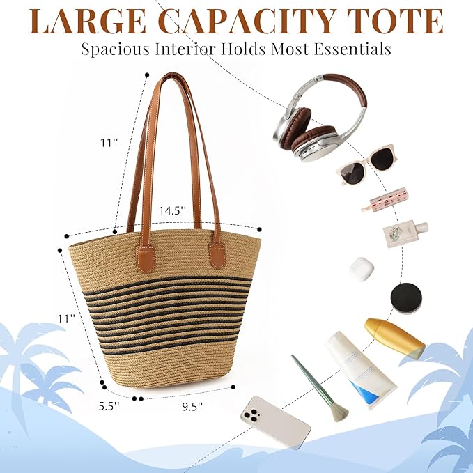 Trifabricy Beach Bags for Women, Summer Straw Beach Bag Straw Purse Shoulder Handbags Large Beach Tote for Summer Vacation