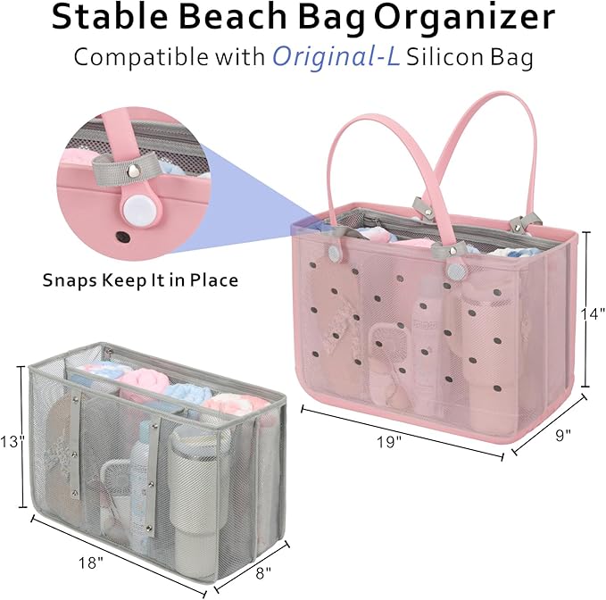F-color Beach Bag Organizer Insert Compatible with Silicon Bag Original Large, Mesh Tote Liner with 10 Pockets & Adjustable Handle, Lightweight Divider Pouch for Beach Accessories Organizing, Grey