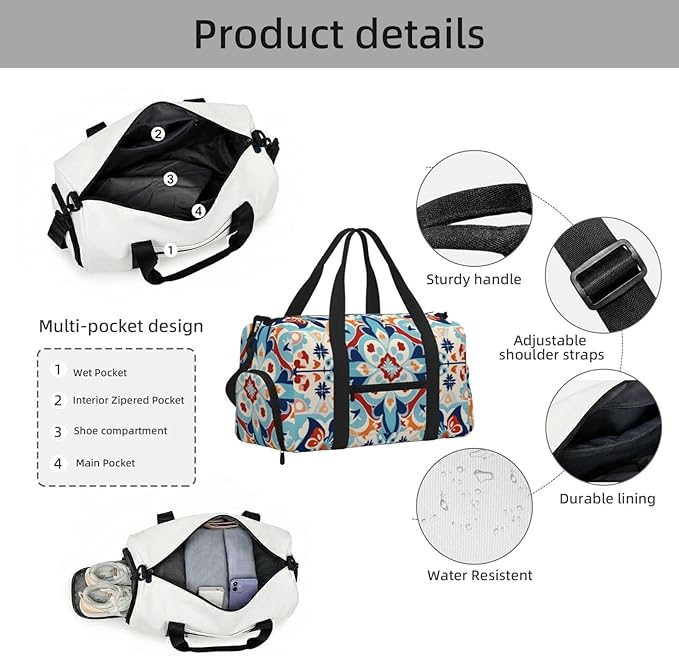 Sports Gym Bag Ethnic Ceramic Tile Mandala Patchwork Travel Duffel Bag With Shoe Compartment Shoulder Strap, Lightweight Water-Resistant Weekend Overnight Totes For Women Men