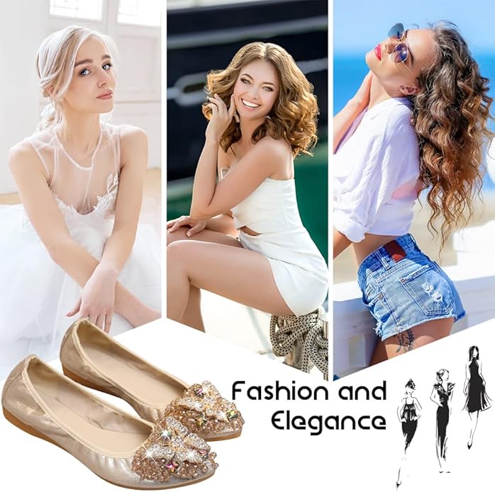 KUNWFNIX Women Ballet Flats Rhinestone Wedding Ballerina Shoes Foldable Sparkly Comfort Slip on Flat Shoes