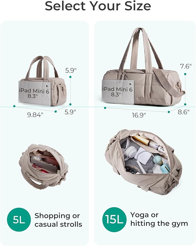 BAGSMART Reiki Gym Bag for Women, Mini/Medium Crossbody Bags for Women, 5L Dance Bag with Detachable Strap, 15L Yoga Mate Bag with Wet & Dry Pocket