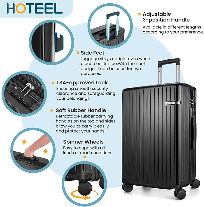 HOTEEL 5 Piece Luggage Set (4-YEAR WARRANTY) ABS+PC Hardshell Carry on Suitcase with Spinner Wheels & TSA Lock for Men Women, Rolling Suit Case for Plane, Travel, Business, Gloss Black(20/24/28/DB/TB)