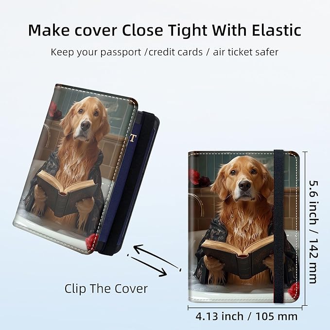 Passport Holder for Travel, RFID Blocking Passport Holder Travel Walle, Passport and Vaccine Card Holder, Vacation Must Haves Travel Accessories for Men Women, Dog Reading in the Bathtub