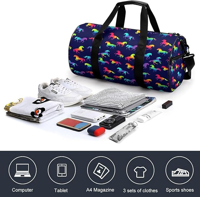 Gym Sports Travel Workout Bag Rainbow Horses Dance Gymnastics Bag Lightweight Carry On Bags Foldable Overnight Bags