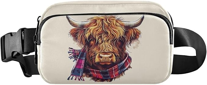 Scottish Highland Cow with Plaid Scarf Fanny Pack for Women Men Water Resistant Fashion Waist Packs with Adjustable Strap Belt Bag for Travel Workout Jogging Hiking 21218522