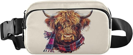 Scottish Highland Cow with Plaid Scarf Fanny Pack for Women Men Water Resistant Fashion Waist Packs with Adjustable Strap Belt Bag for Travel Workout Jogging Hiking 21218522