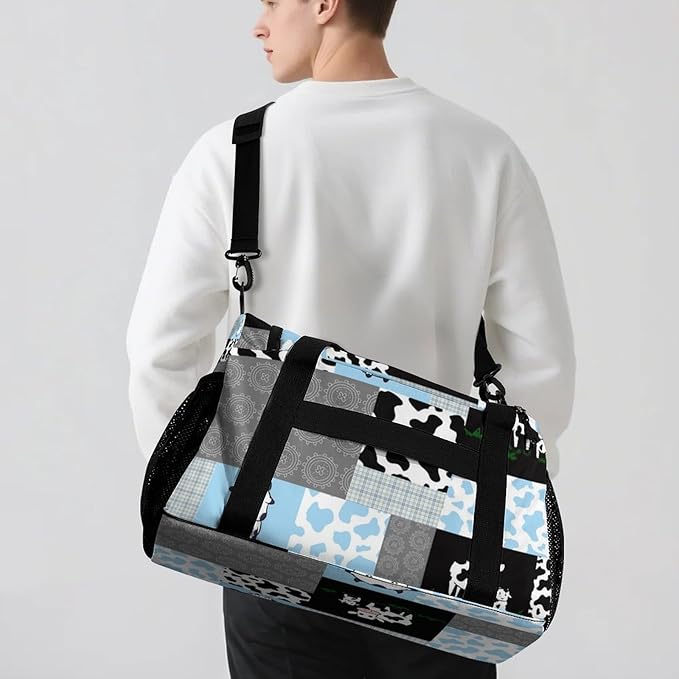 Plaid Patchwork Cow Blue Gray Crossbody Bag Waterproof Lightweight Duffel Bag Gym Dance Sport Perform Training Bag for Teens Women Men