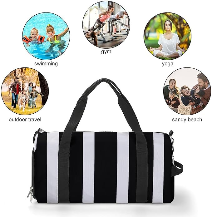 Stripes Black White Gym Bag Lightweight ，Travel Duffle Bag with Shoe Compartment，Gym Bag for Women for Overnight, Weekend, Yoga, Gym, Business Trips, Sport And Hospital.