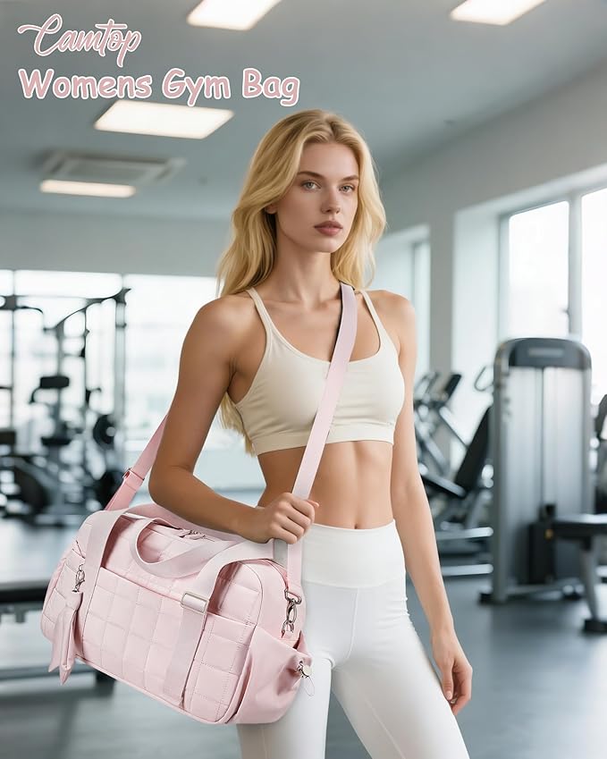 CAMTOP Mini Gym Bag for Women, Small Gym Tote Bag Puffy Quilted Sports Duffel Bag with Wet Compartment and Coin Purse Duffel Bags Dance Yoga Workout Bag for Gifts (Pink, Medium-16")