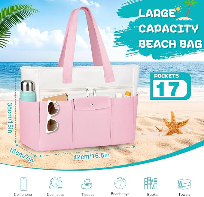 Beach Bags for Women Large Canvas Beach Tote with Zipper Wet Pocket, Waterproof Foldable Swim Pool Travel Tote Bags