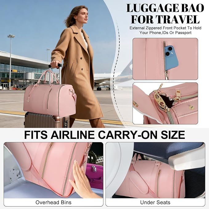 Geestock Garment Bag for Travel, Convertible Carry On Garment Duffle Bags for Women with Shoe Pouch & Detachable Shoulder Strap, Large PU Leather, 2 in 1 Hanging Suitcase Dress Suit Travel Bag, Pink
