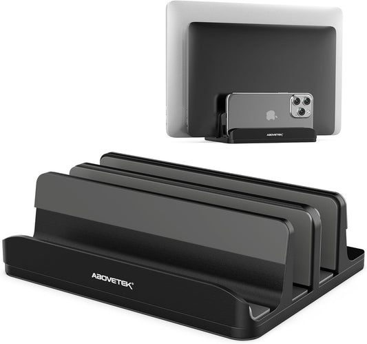 AboveTEK Vertical Laptop Stand Holder, 3 Slots Aluminum Desk Stand with Adjustable Dock Size for Tablet, MacBook, Phone - Universal Fit (up to 17.3") - Heavy Duty Polished, Anti Slide - Black