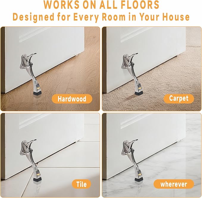 GoldPig Door Stoppers, 1 Pack Kickdown Door Stop with One-Touch semi-Automatic White Door Stopper Adjustable Height and Rubber Tip 4 Inches, Heavy Duty Door Stops, Door Holder (Nickel)