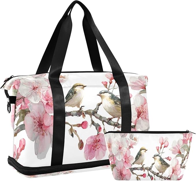 Travel Duffel Bags for Women Watercolor Birds on Pink Flower Branch Sports Duffel Bags Gym Bags with Shoes Compartment Tote Bag Weekender Bag for Travelling