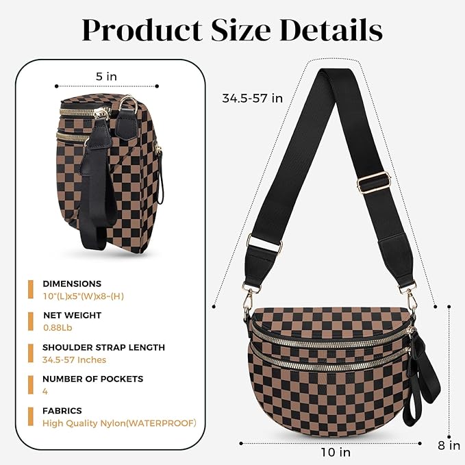 Spacious Nylon Checkered Crossbody Bum Bag for Women, Fashion Checkerboard Fanny Pack Purse with Anti-theft Pocket, Adjustable Wider Strap Wasit Bag (Black-Brown)