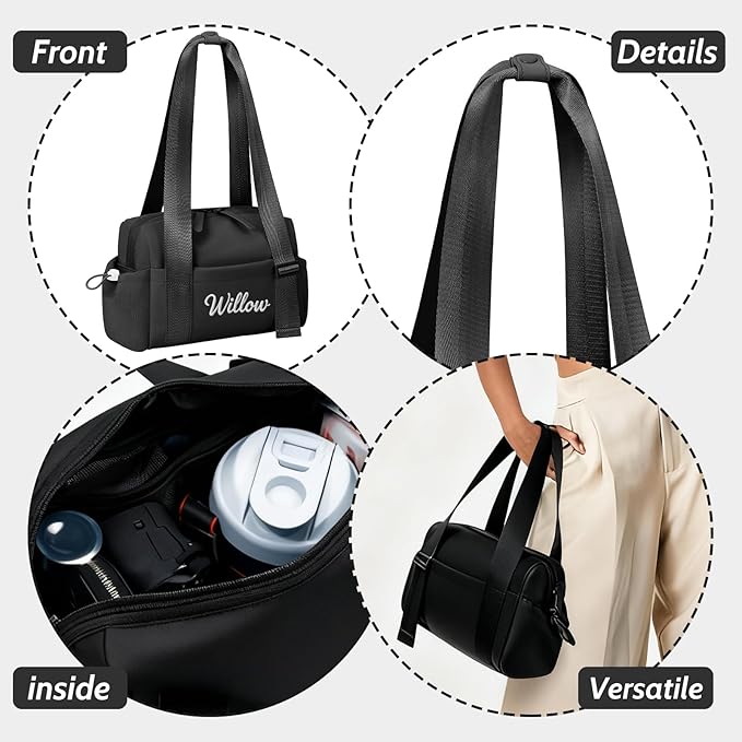 Personalized Mini Gym Bag for Women, Custom Embroidered Name Yoga Tote, Waterproof PU Fitness Duffle with Wet Compartment (black duffle bag)