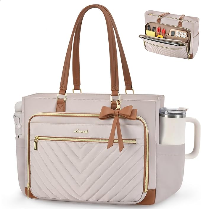 LOVEVOOK Laptop Teacher Tote Bag for Women, Work Nurse Bag with Large Cup Holder, Quilted Diaper Bag for Travel, Computer Women's handbags for Teacher gift, Apricot-brown, 15.6 Inch