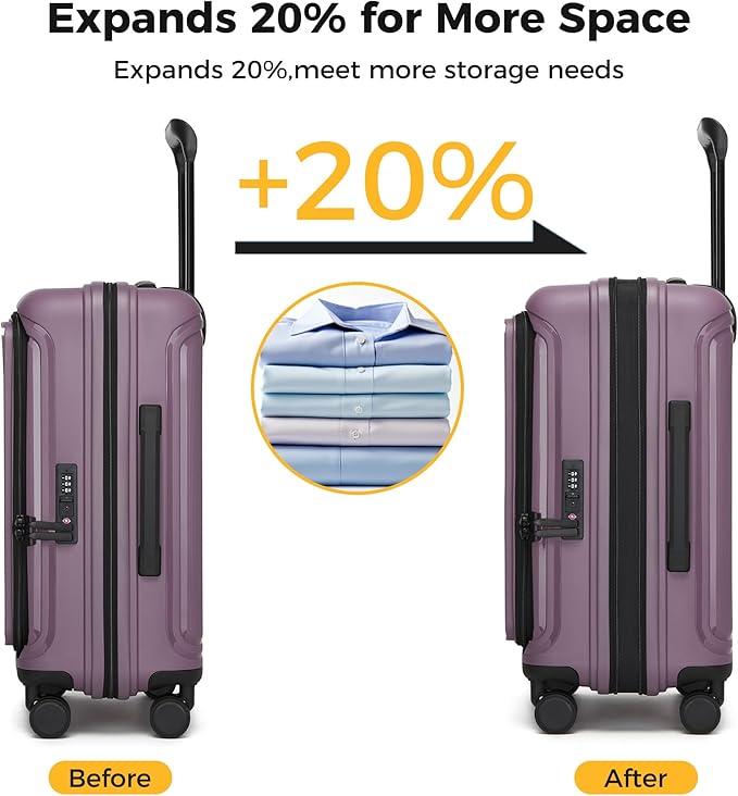20“ Expandable Carry on Luggage Front Opening, 22x14x9 Airline Approved Hardshell Spinner Carry-on Suitcase with Wheels, TSA Lock, Lightweight Durable Travel Luggage (Purple, 20 inch)