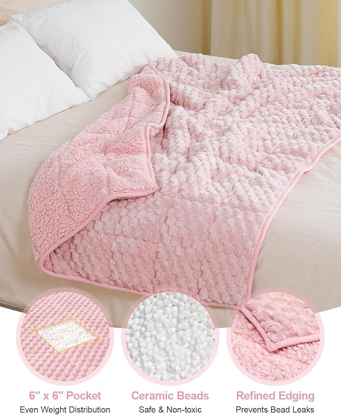 Super Soft Luxury Fleece Sherpa Weighted Blanket for Teens, 7lbs Small Weighted Lap Blanket for Adult, Turtle Shell Cozy Warm Throw for Winter, Compact Heavy Blanket for Sleep & Travel, Pink, 41"x60"
