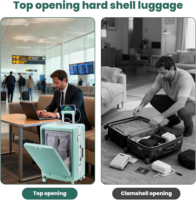 20 Inch Aluminum Frame Carry On Luggage with Front Pocket, USB Port, Phone Holder & Cup Holder, Hard Shell Spinner Suitcase for Airplane Travel, Mint Green